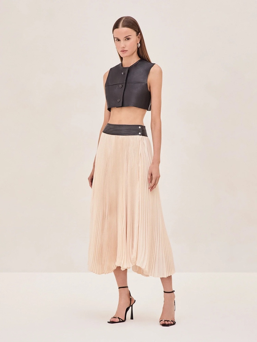 Alexis Cream Pleated Midi Skirt with Black Contrast Waistband